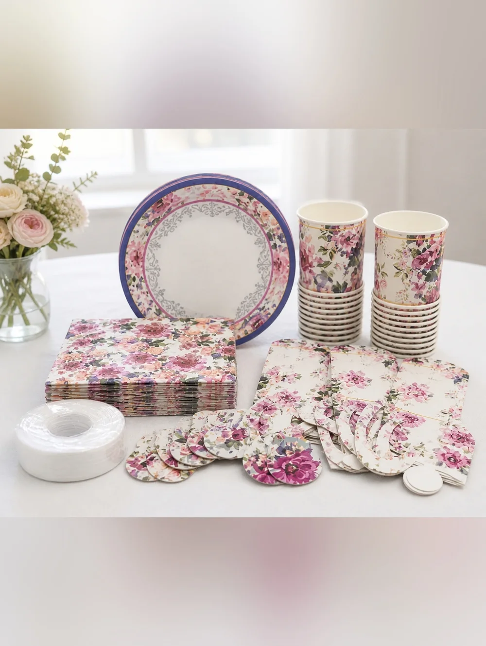 Floral Tea Party Set 36 Cups Baby Shower Wedding Party Supplies Plates Napkins